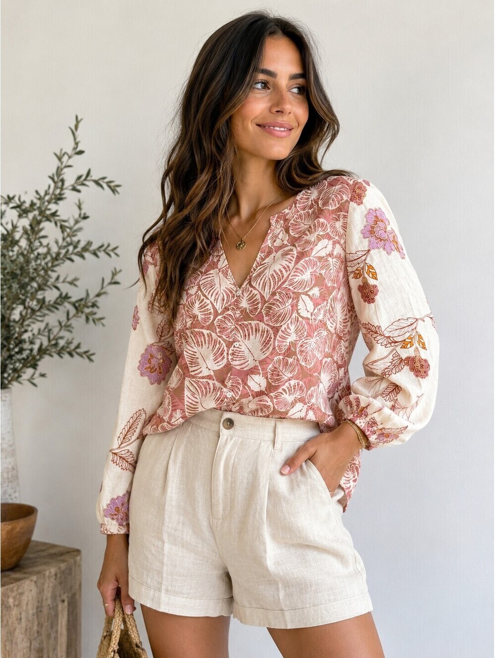 Tahari 100% Linen Floral Leaf Print Button Front Blouse Top Pink Cream Size S